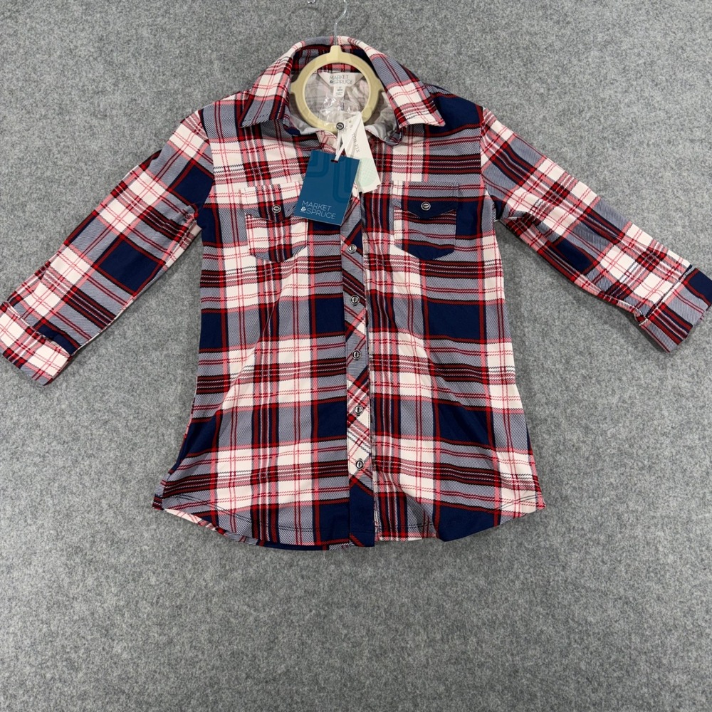 Market & Spruce Womens XS Petite Plaid Button Down Shirt Navy/Red/White